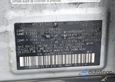 2012 Subaru Outback 2.5I Premium from USA, damaged, VIN 4S4BRBCC5C3280741